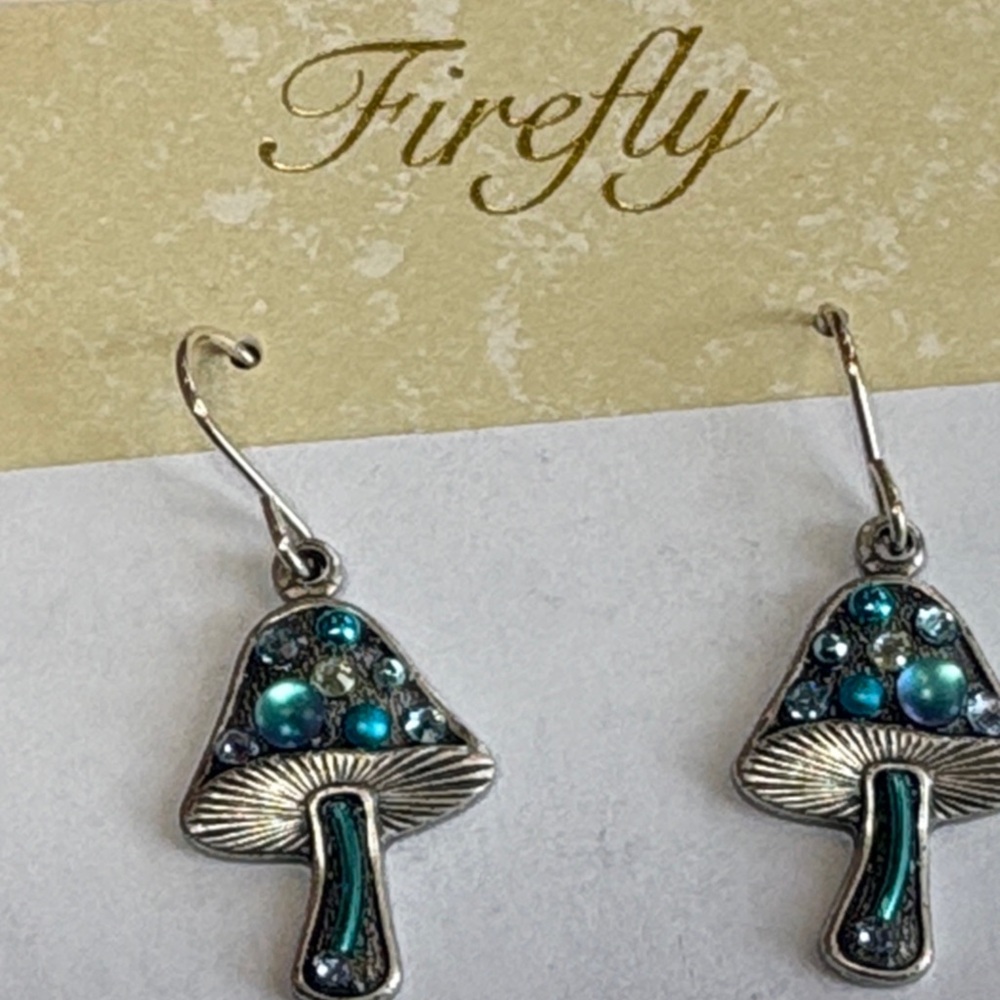 Firefly Silver and Crystal Teal Mushroom Earrings